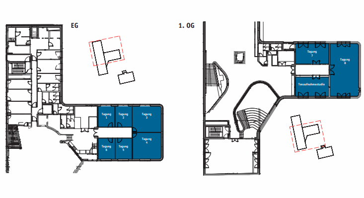 Zwei Grundrisspläne zeigen die Lage der Tagungsräume im Erdgeschoss und im ersten Obergeschoss.