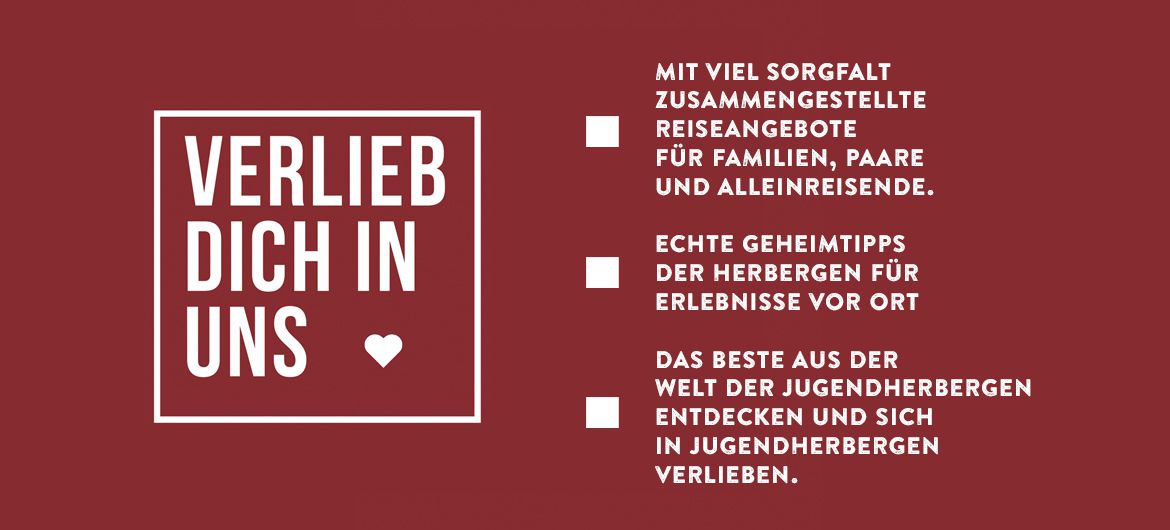 Banner in weißer Schrift auf rotem Hintergrund "Verlieb dich in uns" mit drei Marketingaussagen