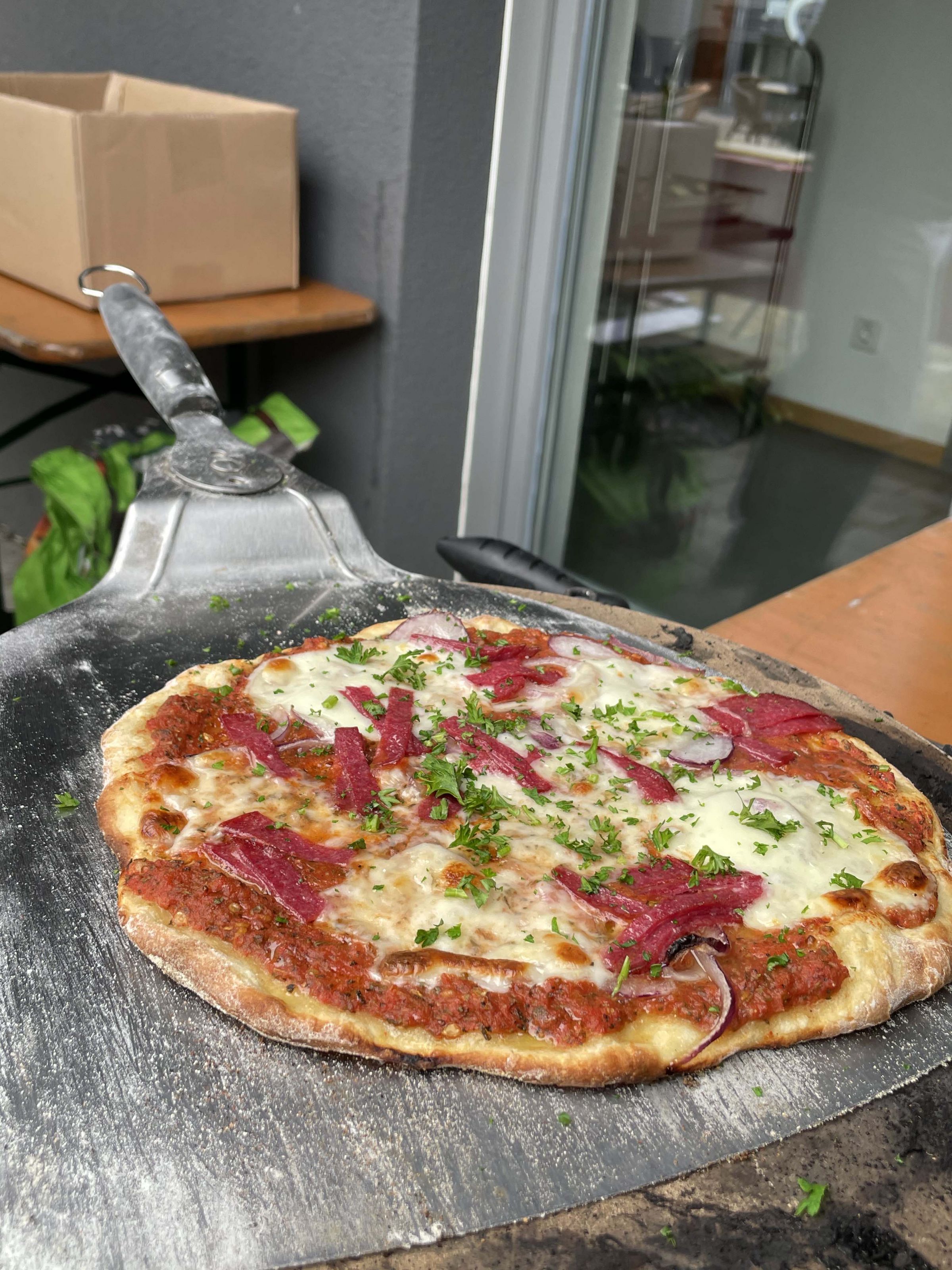 Eine selbstgebackene Pizza Magharita ist auf einem silbernen Pizzaheber zu sehen. Sie sieht warm und lecker aus.
