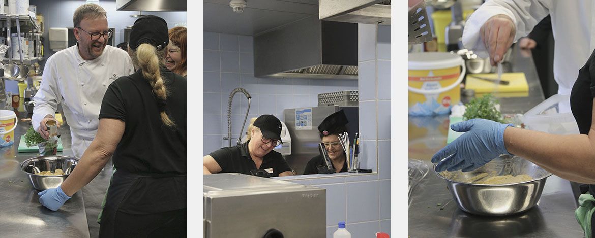 Auf dem dreigeteiltem Foto sind drei typische Arbeitssituationen in Küchen der deutschen Jugendherbergen zu sehen.