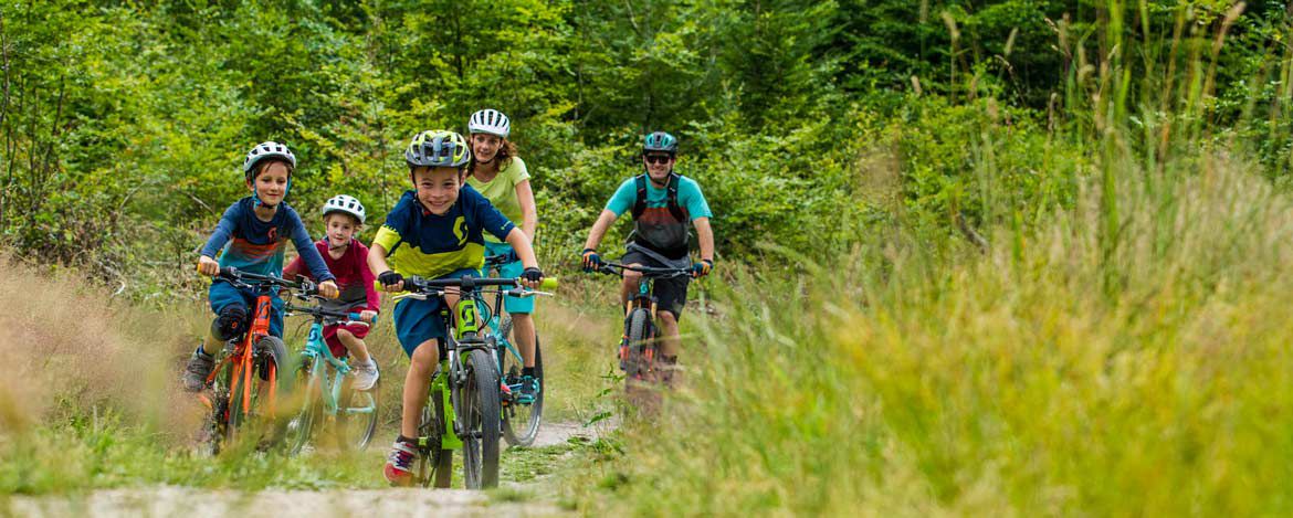 Familie fährt Mountainbike im Wald