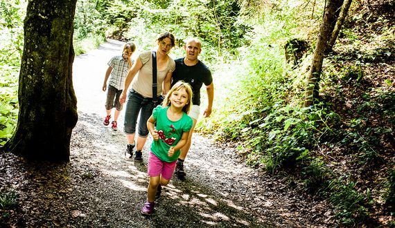 Eine Familie (zwei Erwachsene und zwei Kinder) kommt beim Wandern durch einen Wald auf die Kamera zu