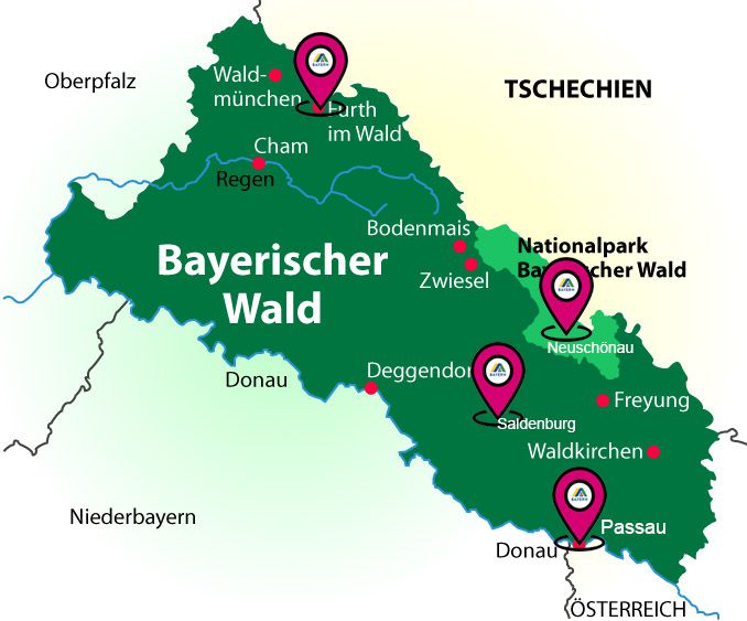 Karte mit DJH Jugendherbergen im Bayerischen Wald