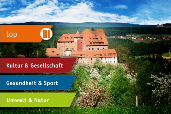 Foto der Burg Wernfels. Daneben die Texte "Top", "Kultur & Gesellschaft", Gesundheit & Sport" sowie "Umwelt & Natur"