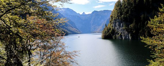 Blick über einen lang gezogenen See, im Hintergrund eine Bergkette, links und rechts Blattwerk