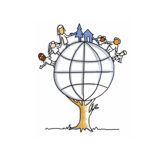 Die Zeichnung zeigt eine Weltkugel, die über einen Baumstamm fest mit dem Boden verwurzelt ist. Auf dem Weltkugel stehen sehr verschiedene Menschen und reichen sich die Hände. Zwischen ihnen befindet sich eine symbolische Jugendherberge, die alle miteinander verbindet.