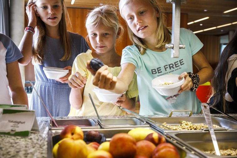Mehrere Kinder suchen sich Bio-Obst aus dem Buffet aus.