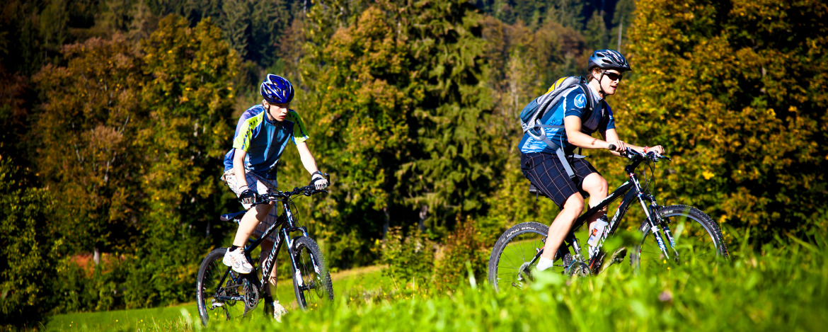 2 junge Männer fahren mit ihren Mountainbikes in der Natur