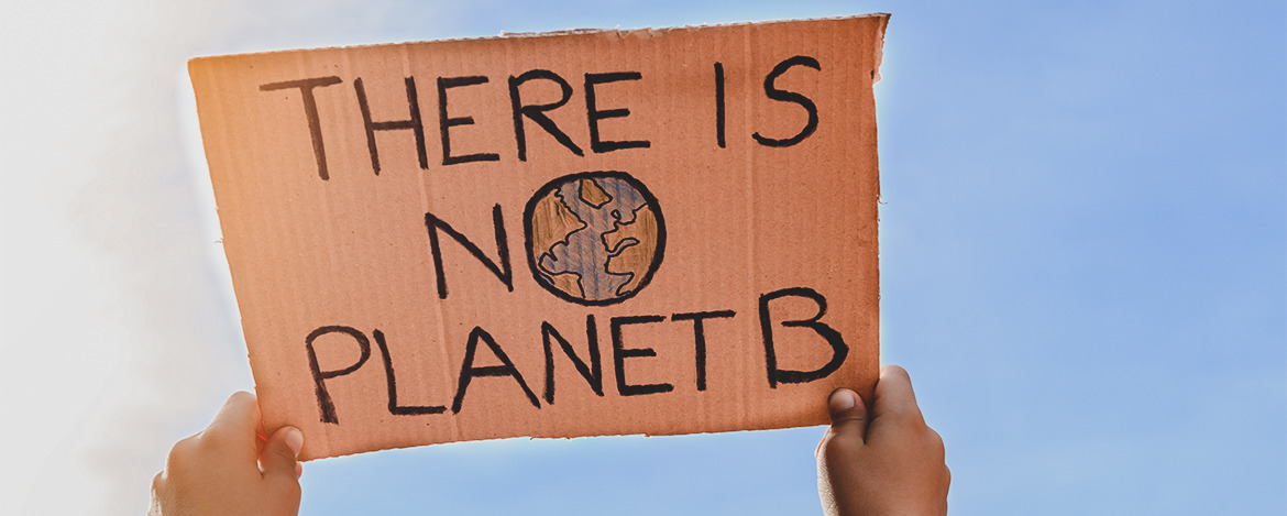 Boy with unrecognizable back holding a sign towards the sky that reads "There is no planet B". Concept of a climate change protest.