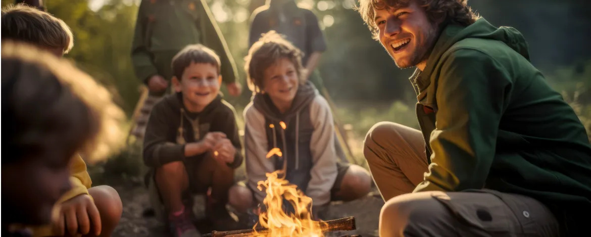Group of boys scouts on an adventurous camping trip, learning essential outdoor skills, like setting up camp, cooking over an open fire